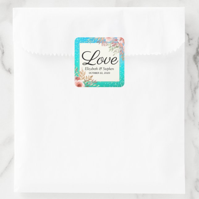 Sticker Carré Mariage Merci moderne rose Floral Turquoise or poi (Sac)