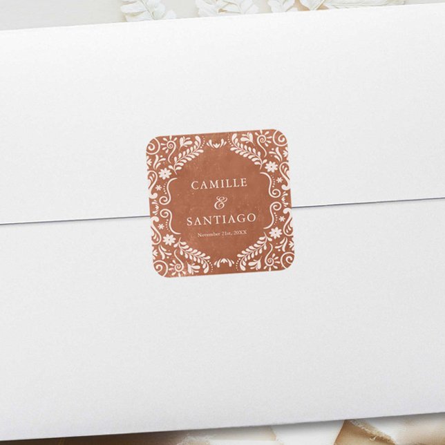 Sticker Carré Mariage mexicain en terre cuite Papel Picado (Mexican Talavera Wedding envelope seal)
