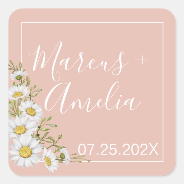 Sticker Carré Mariage moderne Blush & White Daisers (Devant)