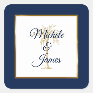 Sticker Carré Mariage Moderne Élégant Bleu Nuit Or Palmier