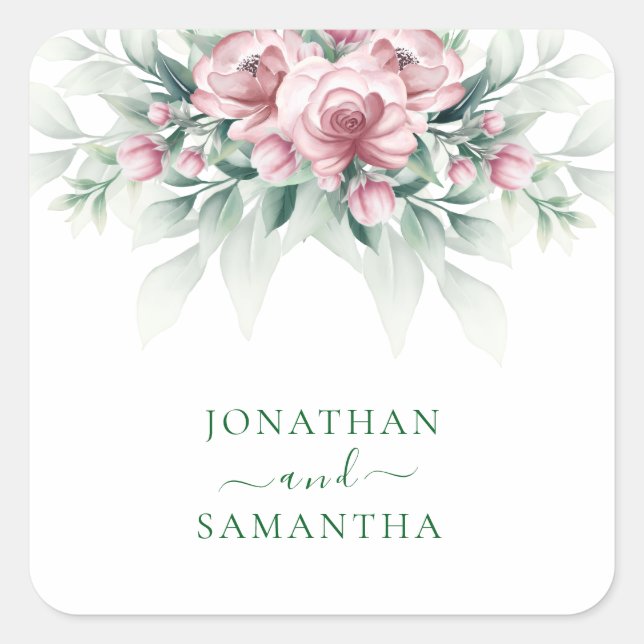Sticker Carré Mariage Moderne Élégant Rose Vert  (Devant)
