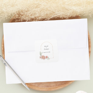 Sticker Carré Mariage Moderne Tendance Florale de Pêche avec Arc