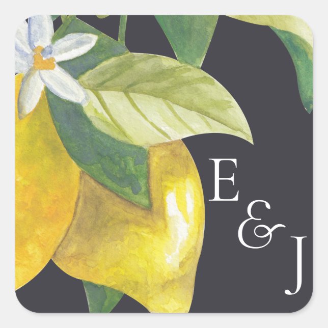 Sticker Carré Mariage Monogramme de fleurs de citron d'aquarelle (Devant)