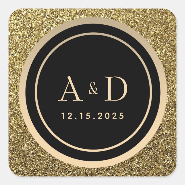 Sticker Carré Mariage Monogramme Or et Noir (Devant)