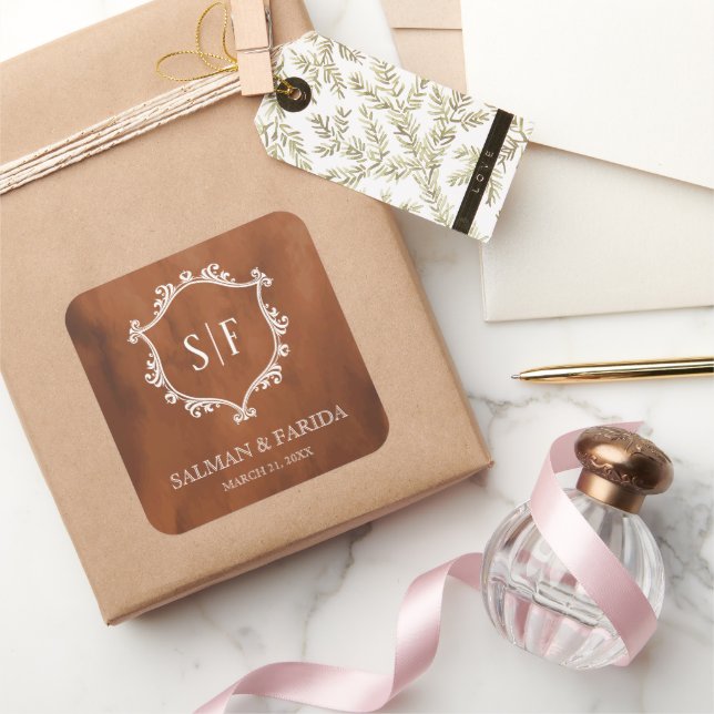 Sticker Carré Mariage Monogramme rustique en terre cuite (Cadeaux)
