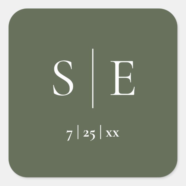 Sticker Carré Mariage Monogramme Vert Olive (Devant)