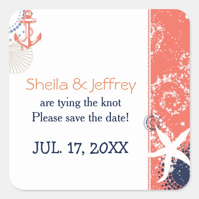 Sticker Carré Mariage nautique bleu marine (Devant)