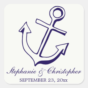 Sticker Carré Mariage nautique d'ancre de navire bleu marine
