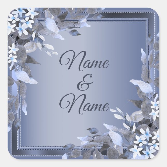 Sticker Carré Mariage Navy Blue Floral Silver Grey Party (Devant)