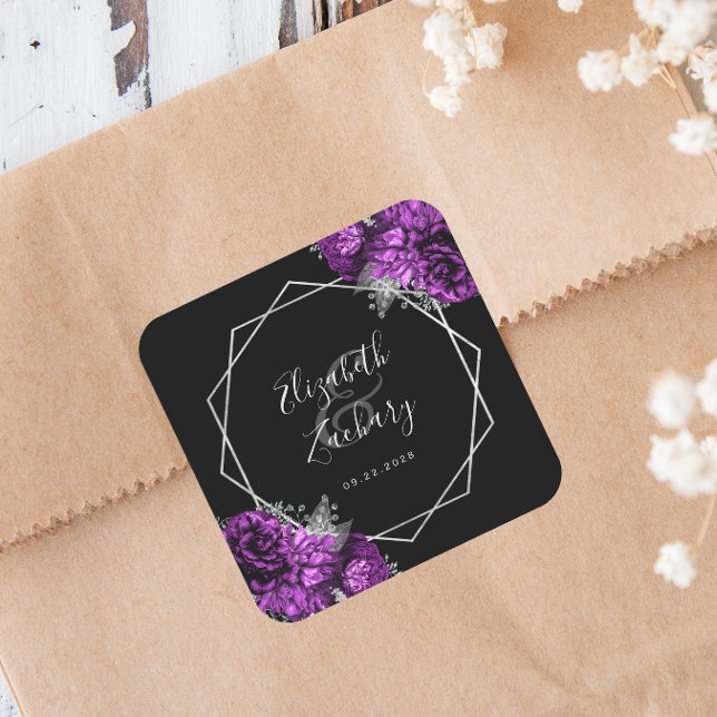 Sticker Carré Mariage noir géométrique en argent floral violet (Créateur téléchargé)