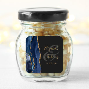 Sticker Carré Mariage Nuit Bleue Foncé Script Géode d'Agate Or
