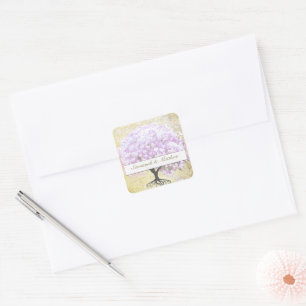 Sticker Carré Mariage Oiseau Arbre Lavande Feuille de Coeur Vint