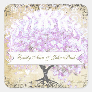 Sticker Carré Mariage Oiseau Arbre Lavande Feuille de Coeur Vint
