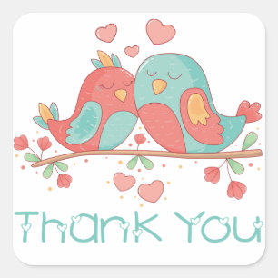 Sticker Carré Mariage Oiseaux Amoureux Turquoise Bleu Rose Merci