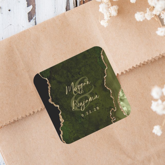 Sticker Carré Mariage Olive Verte Agate Or Script (Créateur téléchargé)