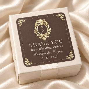 Sticker Carré Mariage Or Baroque Brun au Chocolat Merci