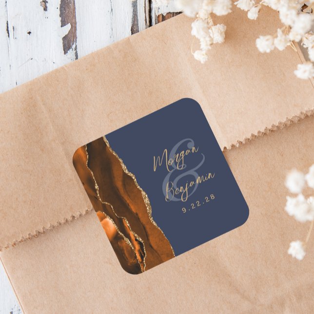Sticker Carré Mariage Orange Brûlé Agate Or Script Bleu Nuit (Créateur téléchargé)