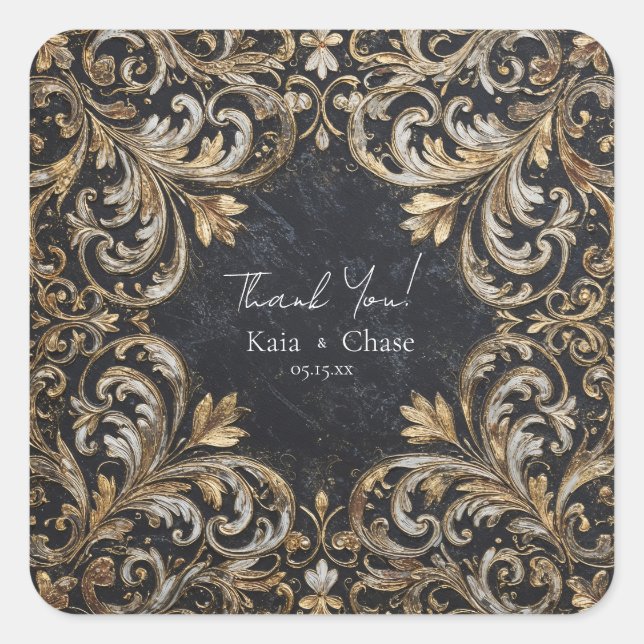 Sticker Carré Mariage Orné Noir Baroque Argent Or Orgueilleux (Devant)