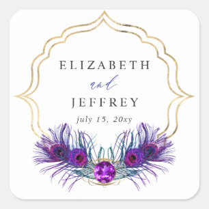 Sticker Carré Mariage Pailleté Or Bleu Violet Plume de Paon