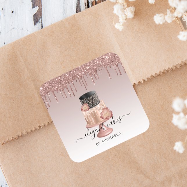 Sticker Carré Mariage Parties scintillant de gâteau  Rose Gold B (Créateur téléchargé)