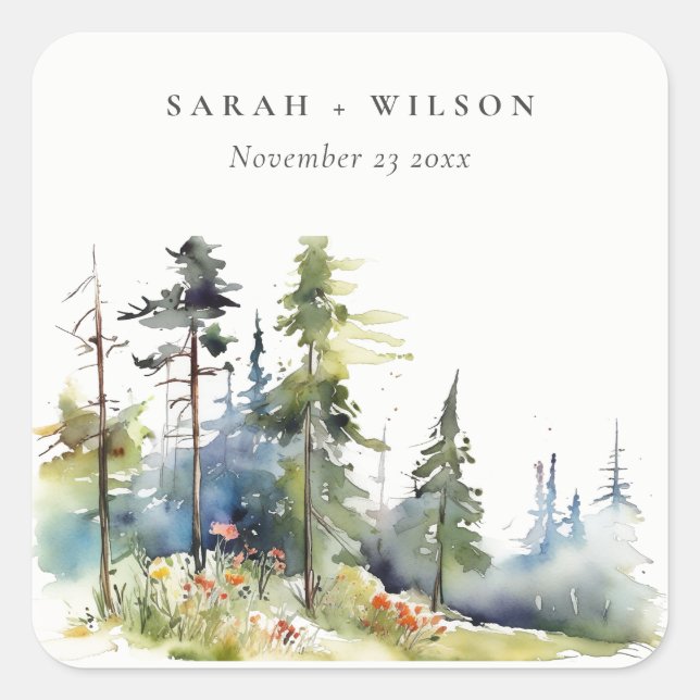 Sticker Carré Mariage paysager Chic Watercolor Pine Forest (Devant)