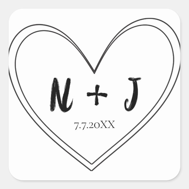 Sticker Carré Mariage personnalisé au coeur mince noir (Devant)