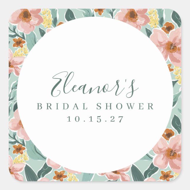 Sticker Carré Mariage Personnalisé Floral Rose Menthe Sauge Écri (Devant)