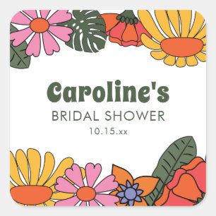 Sticker Carré Mariage personnalisé floral rose orange Groovy Sho