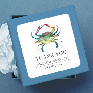 Sticker Carré Mariage Plage Crabe Bleu Merci Favoriser