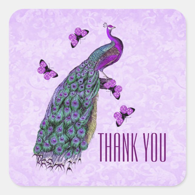 Sticker Carré Mariage Purple Vintage Peacock MERCI V01C3A (Devant)