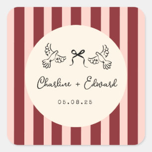 Sticker Carré Mariage rayé rouge et rose tendre fantaisiste 