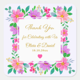 Sticker Carré Mariage Remerciement Fleur Sauvage Rose Violet Élé