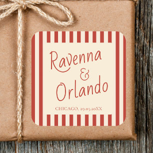 Sticker Carré Mariage Rétro Minimaliste Rayures Ivoire Rouge
