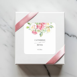 Sticker Carré Mariage romantique aux roses en aquarelle rose ten