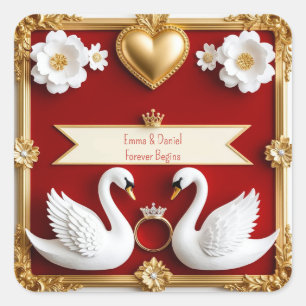 Sticker Carré 🌹 Mariage Romantique de Cygnes avec Cadre Rouge O