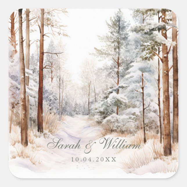 Sticker Carré Mariage romantique en forêt enneigée en hiver (Devant)