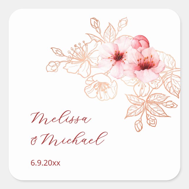 Sticker Carré Mariage Rose Blanc Fleur de Cerisier (Devant)