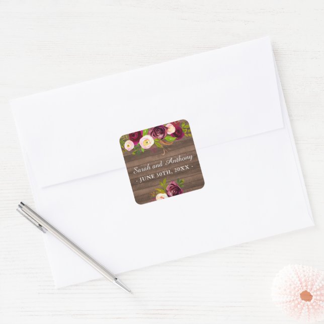 Sticker Carré Mariage Rose de Burgundy Floral Rustic Gold Blush (Enveloppe)