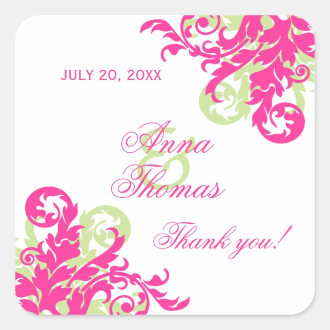 Sticker Carré Mariage rose et vert fleuri Favoriser (Devant)