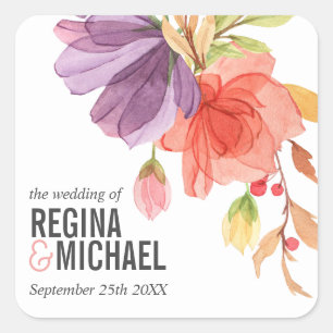 Sticker Carré Mariage rose Fleur sauvage monogramme en gras
