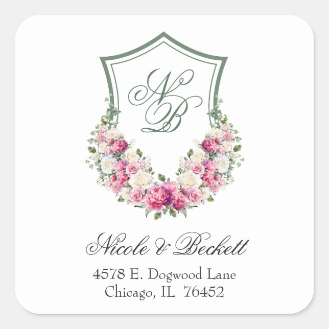 Sticker Carré Mariage rose Floral Crest Adresse de retour (Devant)