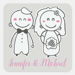 Sticker Carré Mariage Rose & Gris Mariée Et Groom, Fiançailles