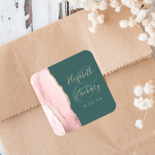 Sticker Carré Mariage Rose Pâle Agate Or Vert Émeraude