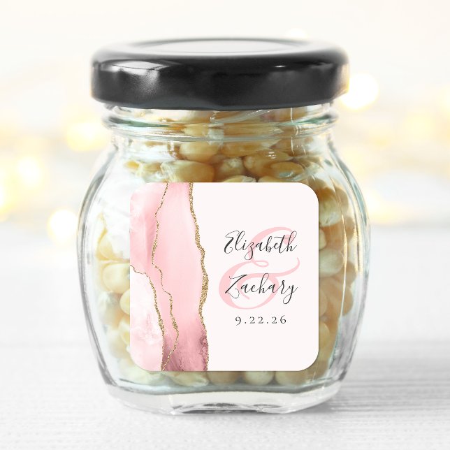 Sticker Carré Mariage Rose Pâle Or Script Agate Géode (Créateur téléchargé)