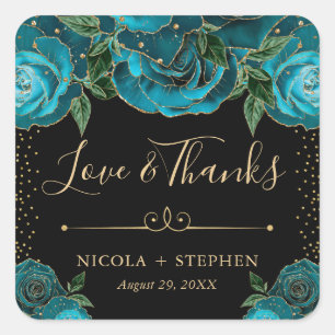 Sticker Carré Mariage Roses Glam Or et Sarcelle Aquarelle