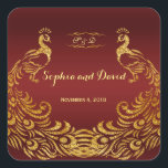 Sticker Carré Mariage Royal Burgundy Gold Peacock<br><div class="desc">Unique Design featuring Royal Burgundy Gradient background and abstract Gold Sparkling Peacocks for your special wedding event. C'est It qui veut le style de l'art de l'art. C'est différent ! Personalize with your own information. If you need to move the text, or change the size, font, or color, click Customize...</div>