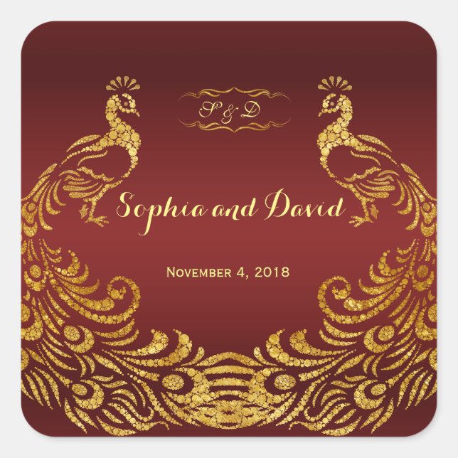 Sticker Carré Mariage Royal Burgundy Gold Peacock (Devant)