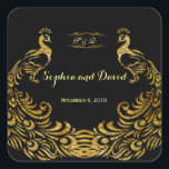 Sticker Carré Mariage Royal Burgundy Gold Peacock<br><div class="desc">Unique Design featuring Royal Burgundy Gradient background and abstract Gold Sparkling Peacocks for your special wedding event. C'est It qui veut le style de l'art de l'art. C'est différent ! Personalize with your own information. If you need to move the text, or change the size, font, or color, click Customize...</div>