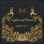 Sticker Carré Mariage Royal Burgundy Gold Peacock<br><div class="desc">Unique Design featuring Royal Burgundy Gradient background and abstract Gold Sparkling Peacocks for your special wedding event. C'est It qui veut le style de l'art de l'art. C'est différent ! Personalize with your own information. If you need to move the text, or change the size, font, or color, click Customize...</div>