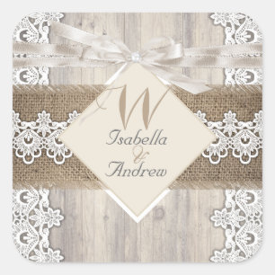 Sticker Carré Mariage Russe Beige Blanc dentelle Bois Burlap AB